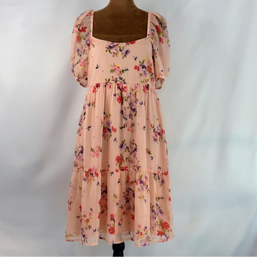 BP Floral Tiered Chiffon Dress Women Medium‎ Peach Puff Sleeve Excellent Boho